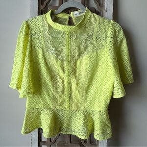 Yellow Peplum Blouse with Flutter Sleeves and Mandarin Collar